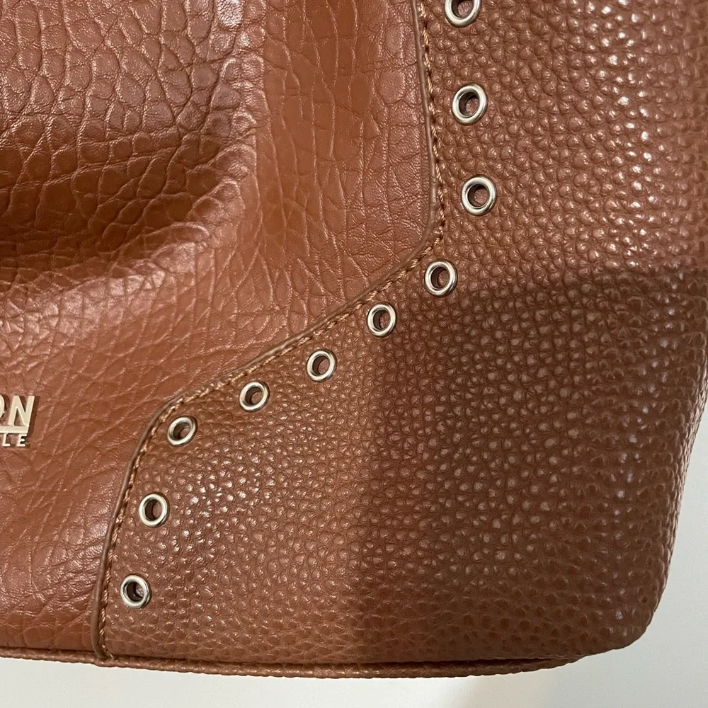 Kenneth Cole Reaction Pebbled Camel Faux Leather Grommet Accent Tote Handbag